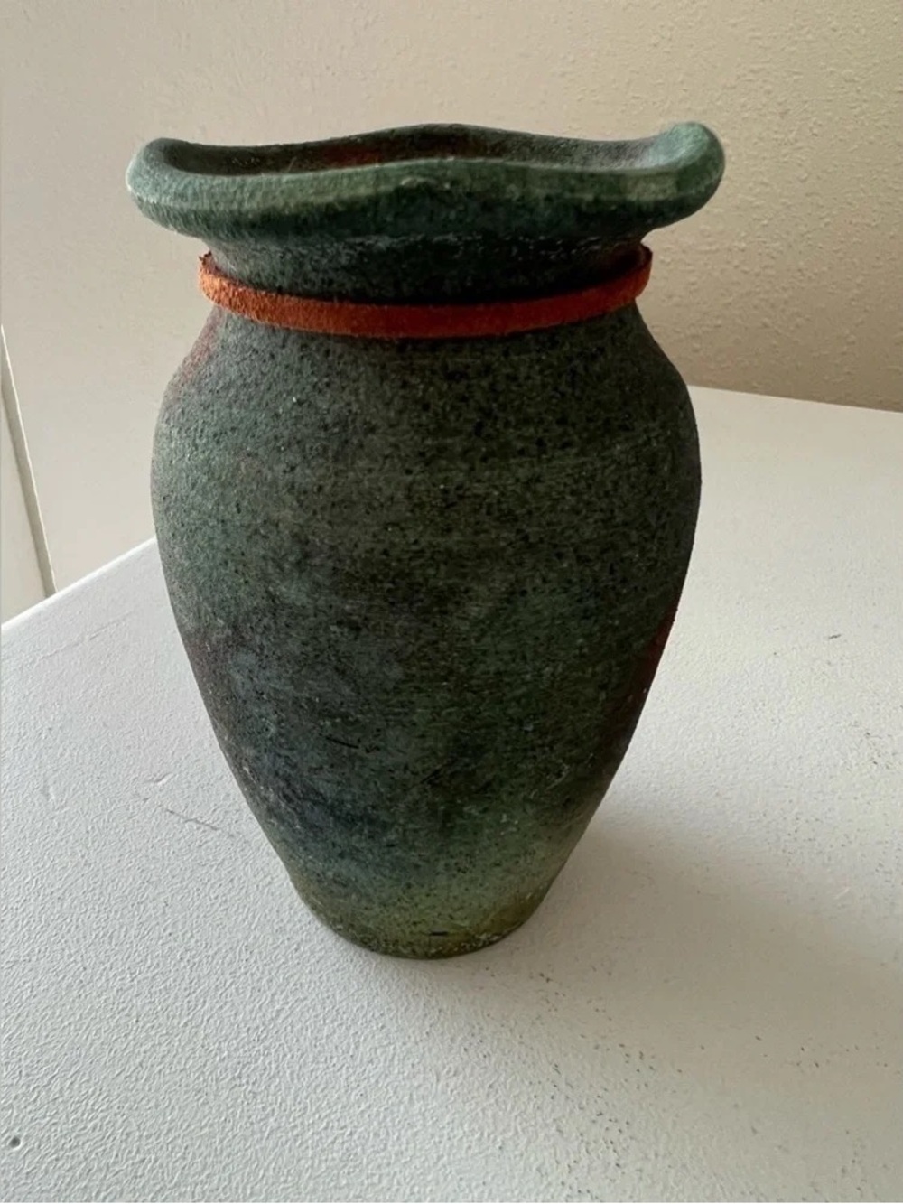 Handcrafted Green and Brown Ceramic Vase with Leather Tie - Picture 3 of 5